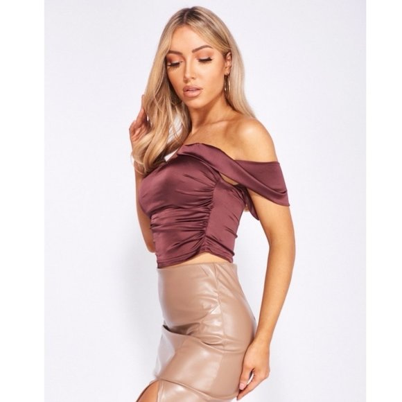 Brown Satin Silk Draped Short Sleeve Off Shoulder Ruched Crop Top - Picture 9 of 13